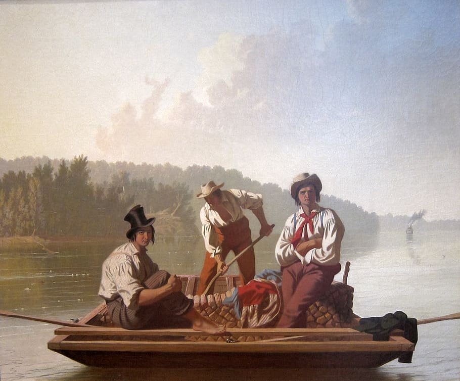 george bingham, arte, pintura, óleo sobre lienzo, artístico, barco, hombres, río, agua, árboles