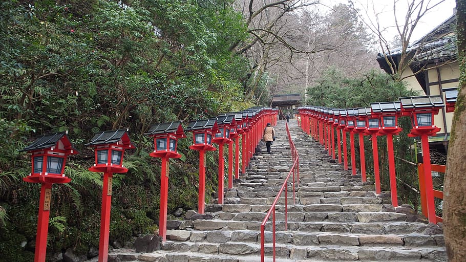 person, walking, stairs, lamppost, daytime, japan, shrine, kyoto, ema, tourism