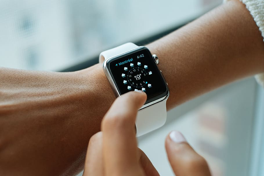 person, wearing, silver smartwatch, smart watch, apple, technology, style, fashion, smart, mobile