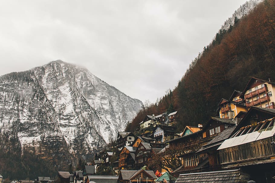 brown, yellow, wooden, houses, mountain, white, front, gray, hill, rocks