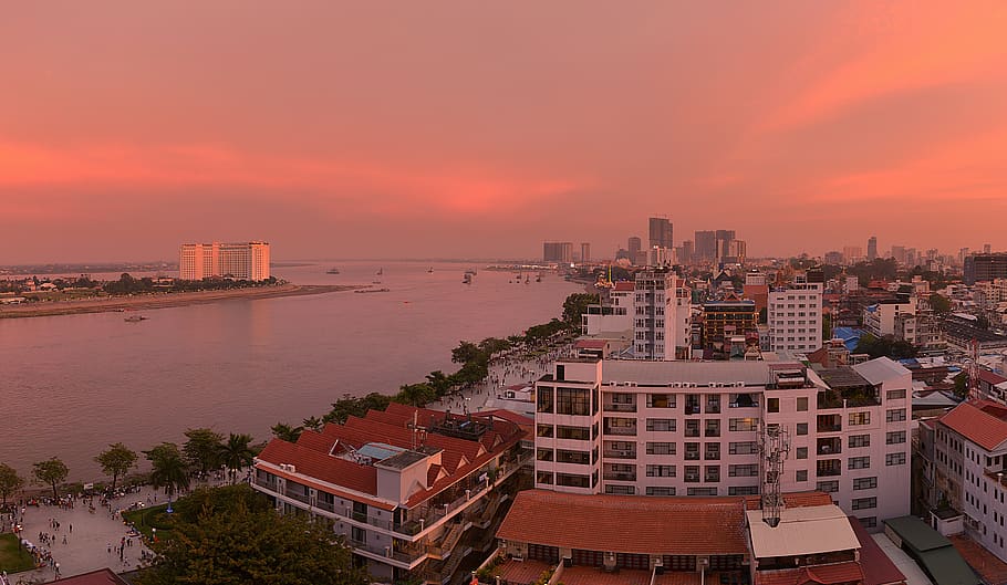 phnom penh, cambodia, panorama, sunset, riverside, river, aerial, asia, evening, light