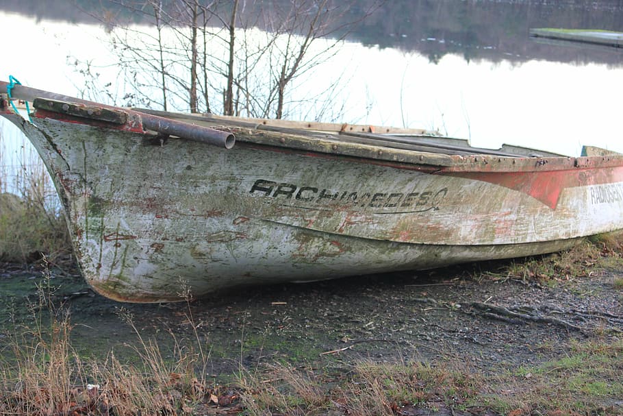 boat, lake, broken, rowboat, water, salvaged, nautical vessel, mode of transportation, transportation, abandoned