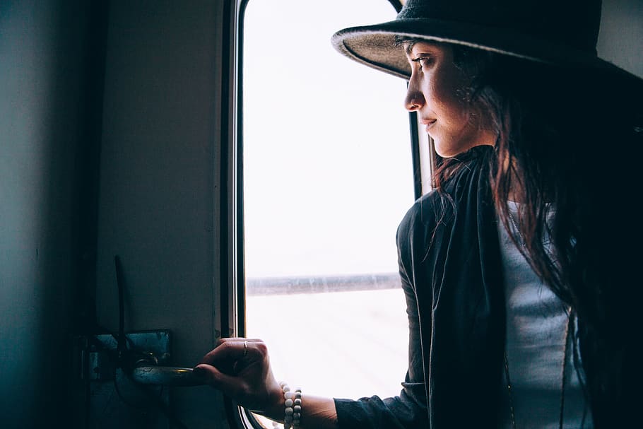 woman, looking, window, person, female, lady, train, transport, travel, hat