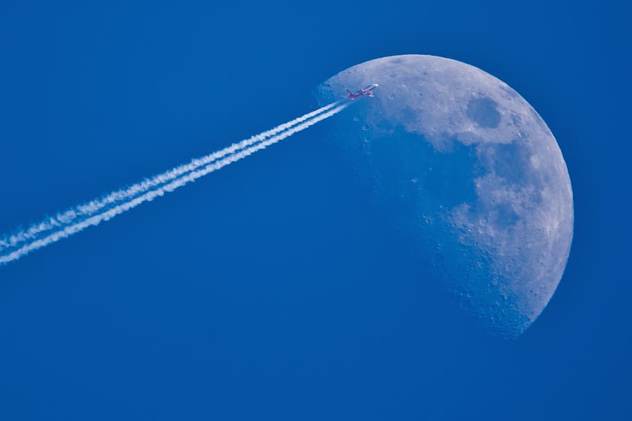 jet plane view, moon, fly me to the moon, aircraft, sky, contrail, vapor trail, blue, space, flying