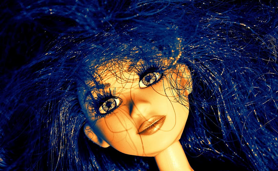 close, doll head, blue, hair, close up, doll, head, blue hair, wuschelig, eyes