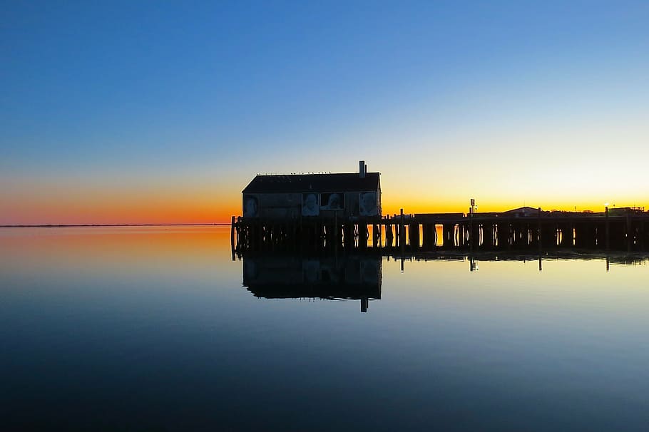 brown, wooden, house, middle, body, water, provincetown, cape cod, wharf, sunset