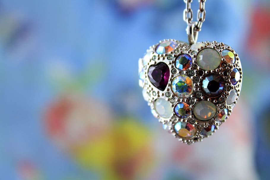 heart silver-colored, multicolored, gemstone pendant necklace, heart, love, jewel, necklace, sparkling stones, glass blocks, colorful