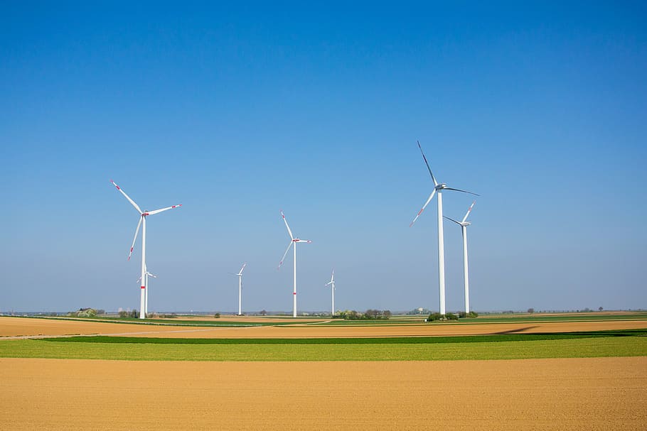 white, turbines, green, field, windräder, wind power, energy, blue, environmental technology, rotor