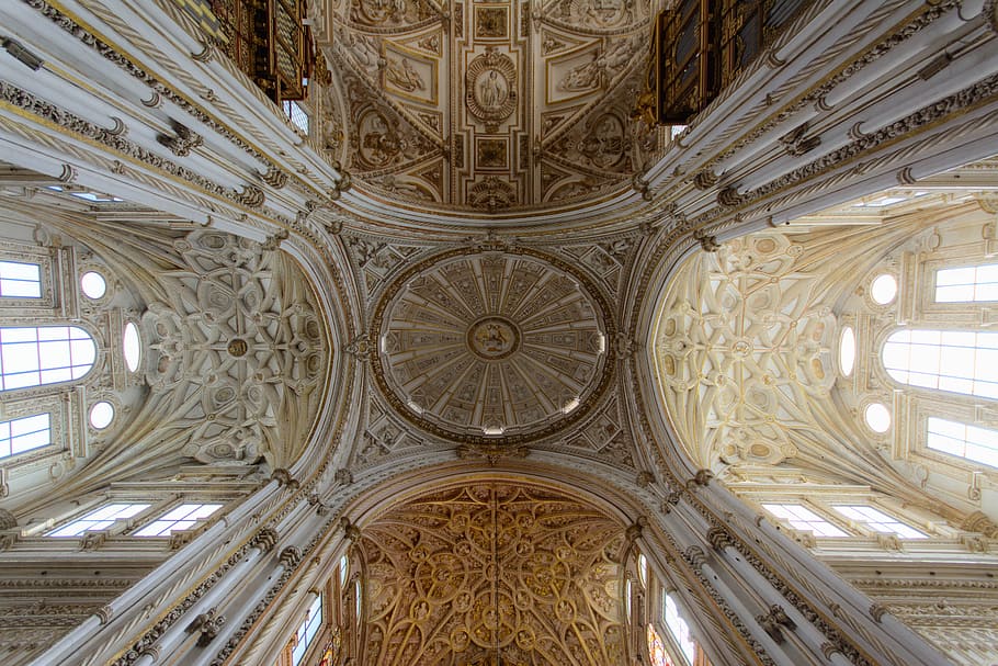 high-angle photography, cathedral, interior, architecture, spain, cordoba, mezquita, world heritage, church, vault