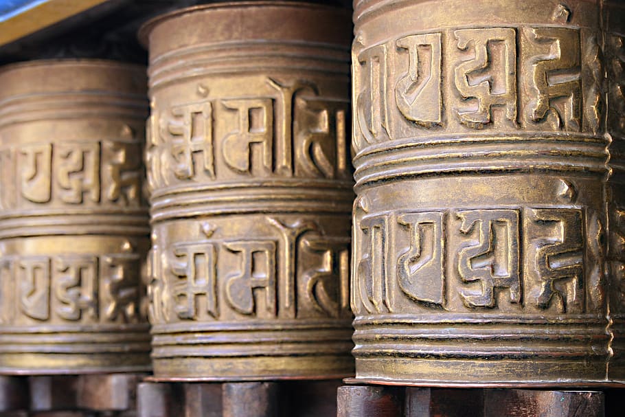 roda doa, agama budha, nepal, kathmandu, iman, tidak ada orang, teks, close-up, kerajinan, seni dan kerajinan
