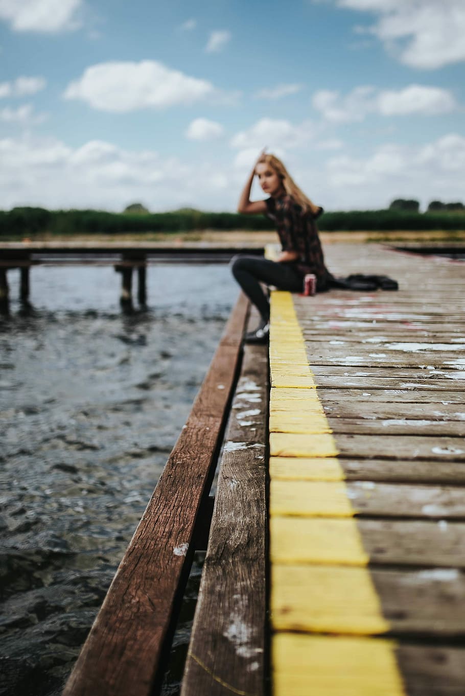 blonde, woman, wooden, pier, lake, Beautiful, wooden pier, by the lake, female, girl