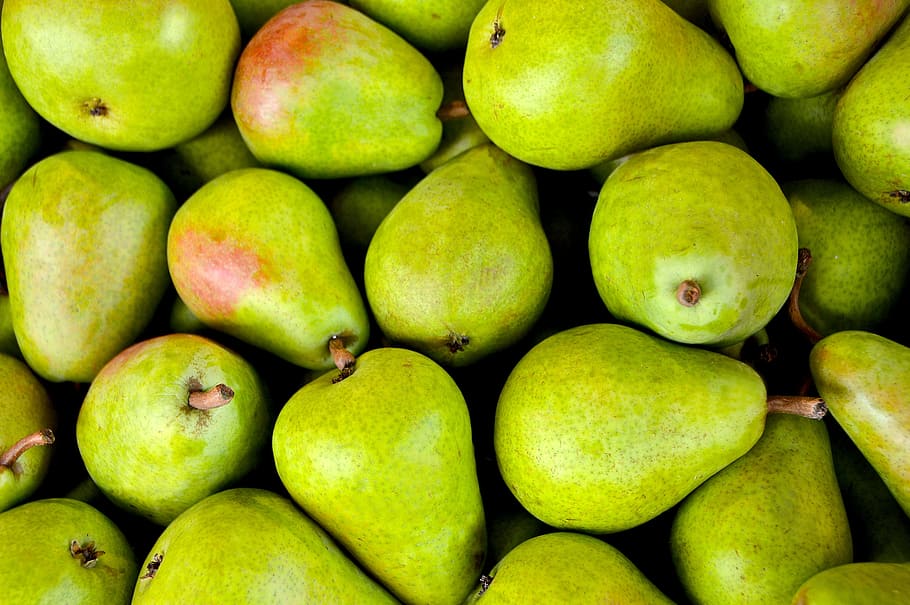 oval, verde, lote de frutas, fruta, pera, cesta de pera, doce, não tratado, mercado, compra