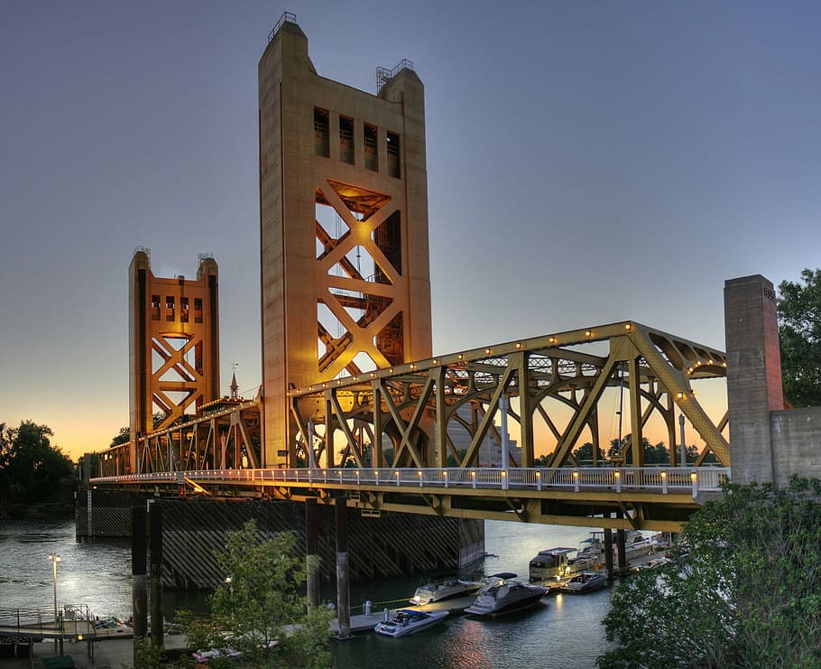 ボート, 交差点, 橋, 川, タワーブリッジ, サクラメント, カリフォルニア, 日没, 橋-人工構造, 造られた構造