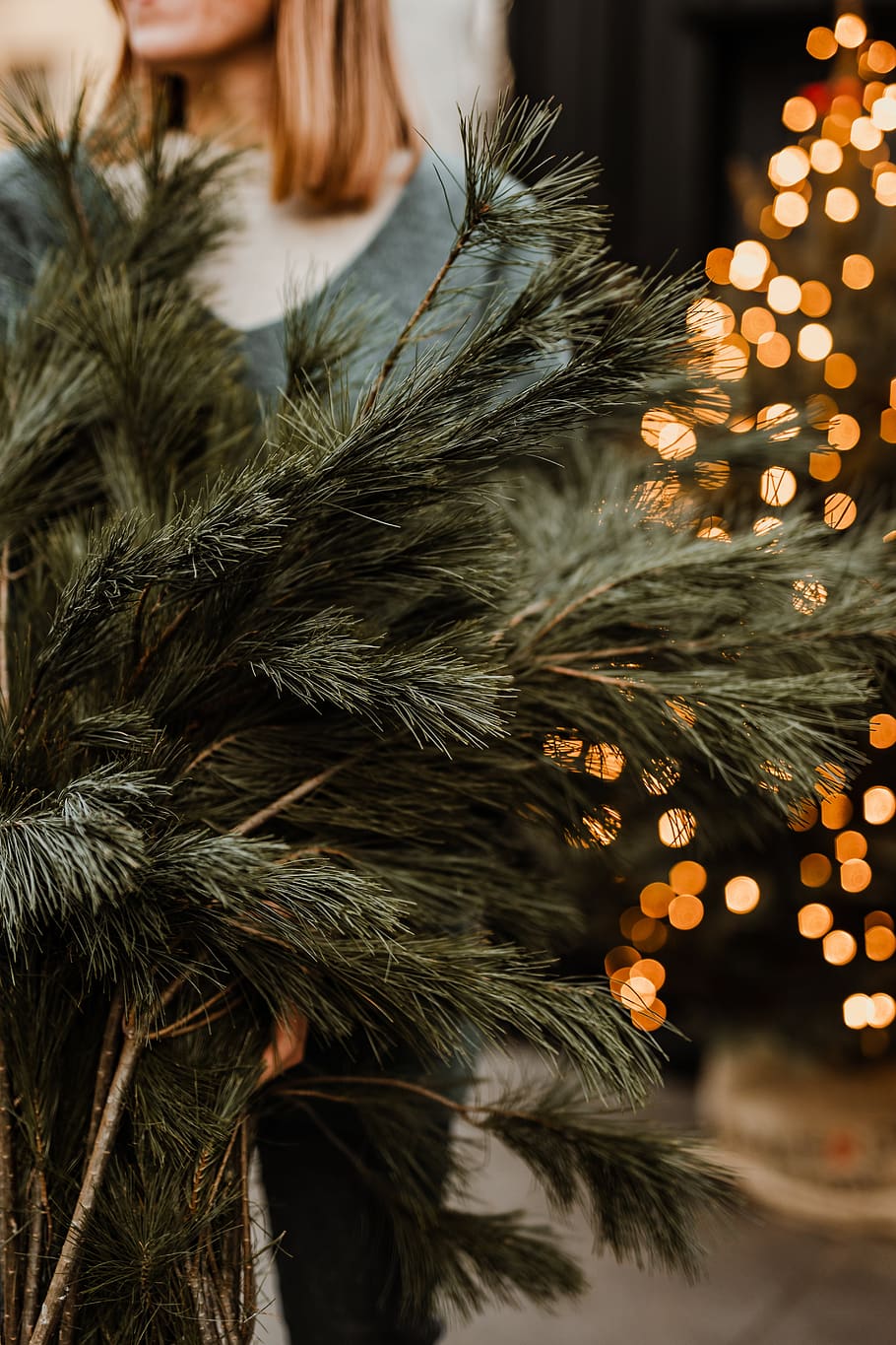 pine branches, pine, woman, christmas tree, tree, blonde, christmas, xmas, holiday, december