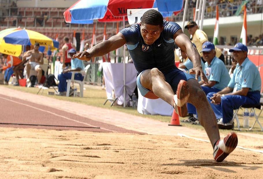 man, black, shirt, jumping, sand, Athlete, Long Jump, Competition, Field, long jump, competition