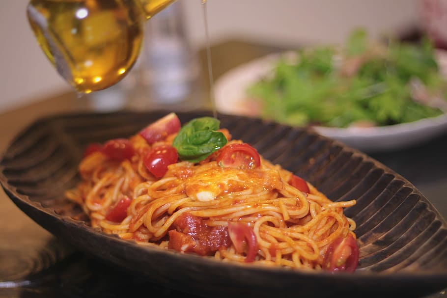 спагетти по-итальянски, сверху, оливковое, масло, итальянский, стиль, спагетти, оливковое масло, еда, паста