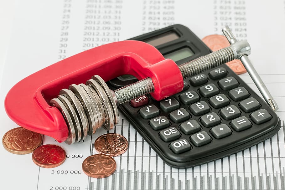 red, gray, clamp, tool, desk calculatior, savings, budget, investment, money, finance