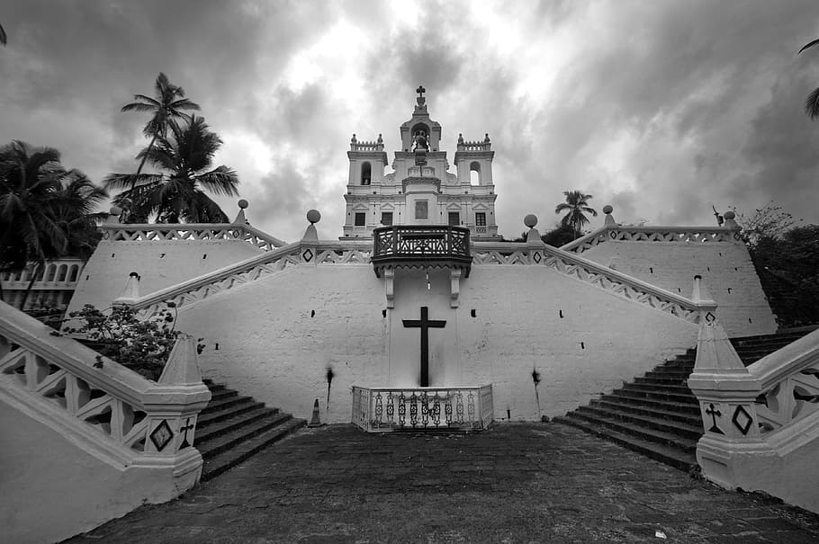 greyscale photo, church, panjim, panaji, goa, india, portuguese, old, colonial, white