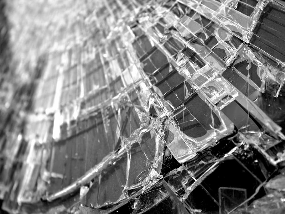 grayscale, close, photography, crushed, glass, window, cracks, shard, broken, glass breakage