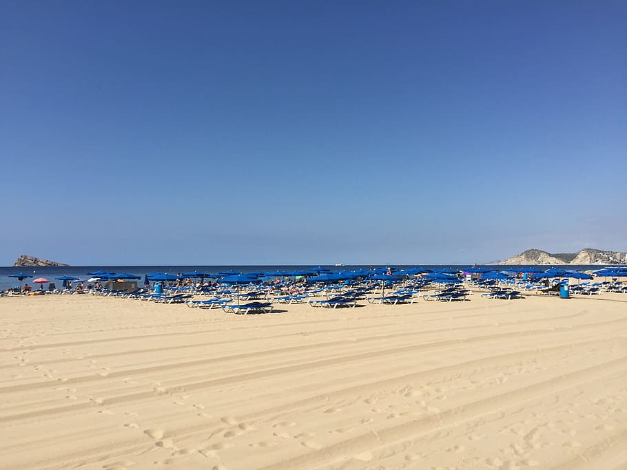 benidorm, sunbeds, beach, sand, summer, sunbathing, costa blanca, mediterranean, sea, water