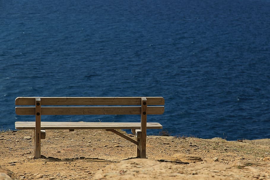 wooden, bench, body, water, bank, sea, wooden bench, seat, picturesque, mediterranean