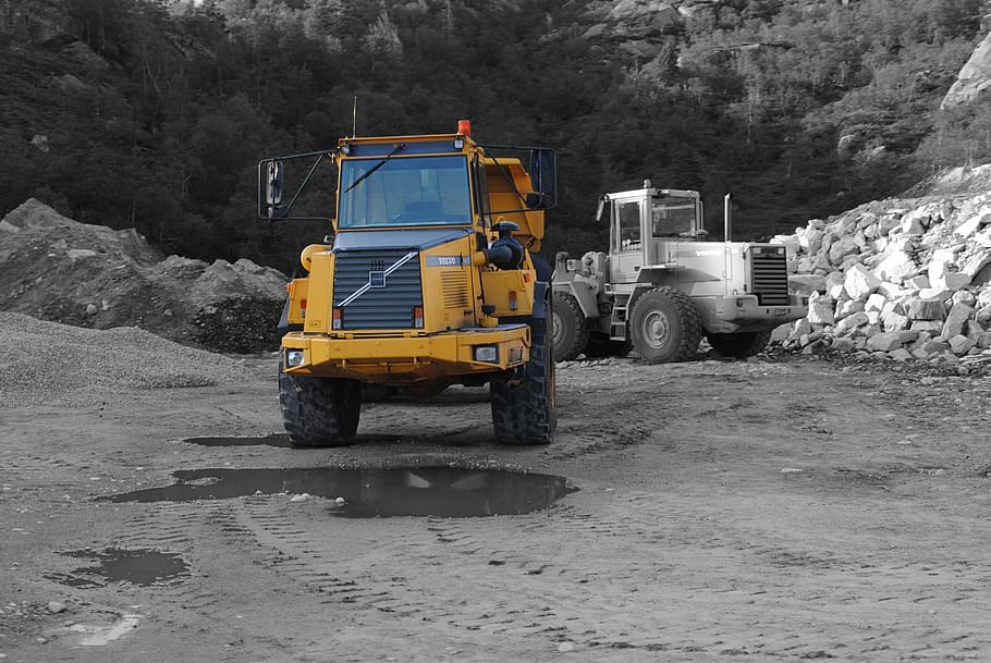 Excavadoras, amarillo, sitio, trabajos de construcción, cargadora de ruedas, camión, vehículo terrestre, transporte, carretera, maquinaria