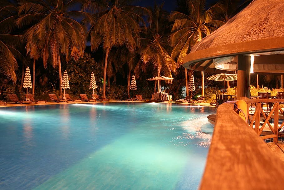 pool, night view, maldives, water, swimming pool, tourist resort, tropical climate, travel destinations, luxury hotel, hotel
