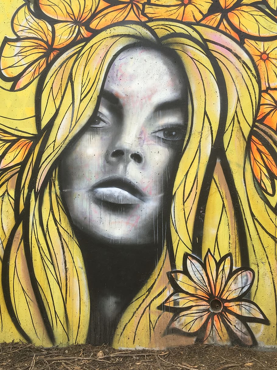 woman, yellow, hair portrait mural, graffiti, atlanta, georgia, downtown, scene, travel, urban