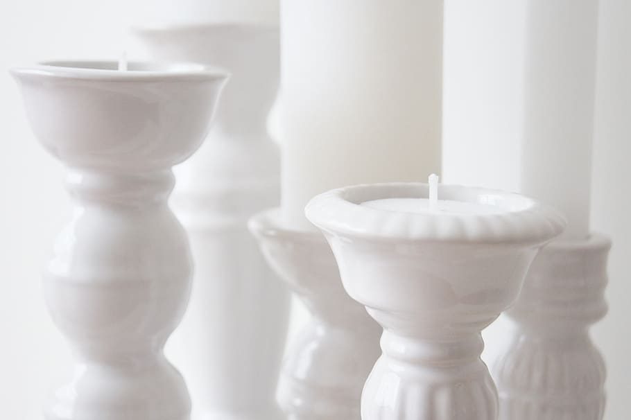 candle holder, candles, white, ceramic, living arrangement, indoors, close-up, white color, ceramics, food and drink
