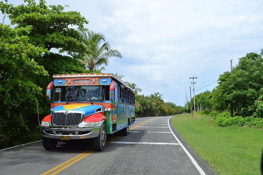 multicolored, bus, road, chiva, truck, landscape, colors, colombia, transportation, mode of transportation
