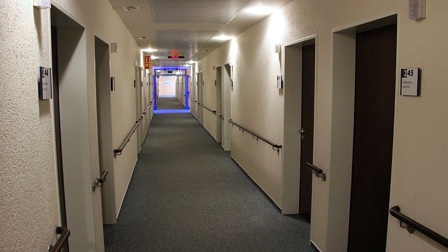 hospital corridor, within, room, floor, corridor, architecture, arcade, building, indoors, door