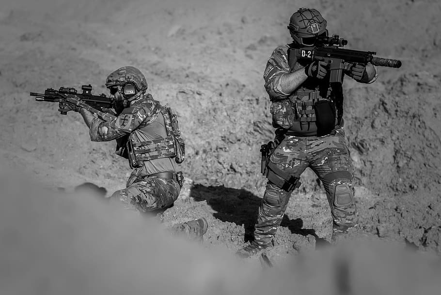grayscale photo, two, armies, war, desert, guns, gunshow, soldier, action, smoke