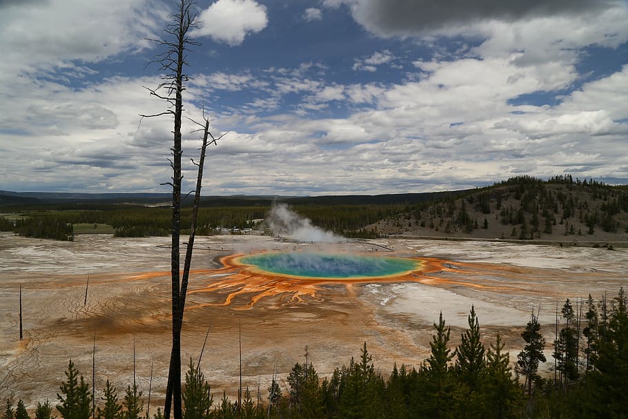 grand prismatic, yellowstone national park, the scenery, cloud - sky, geology, hot spring, water, physical geography, steam, power in nature