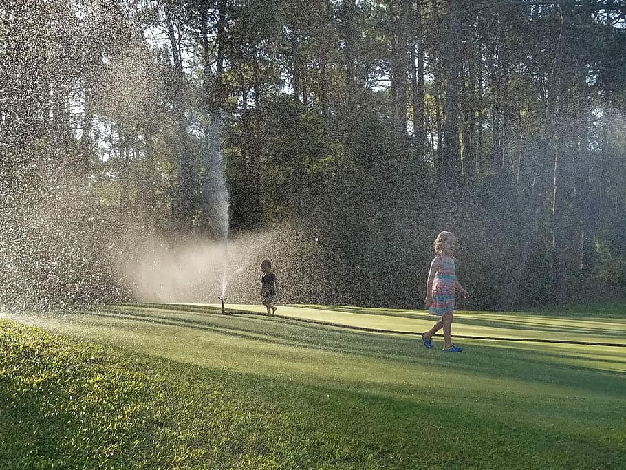 Children, Sprinklers, Golf, playing, child, childhood, boys, girls, full length, two people
