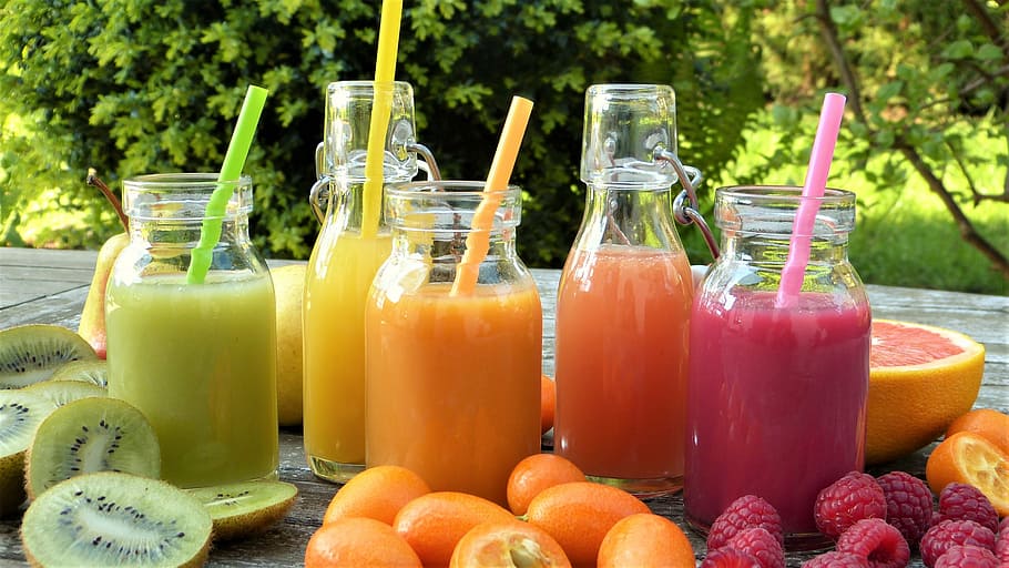 clear glass bottles, smoothies, juice, fruits, fruit, ripe, bio, healthy, colorful, straws