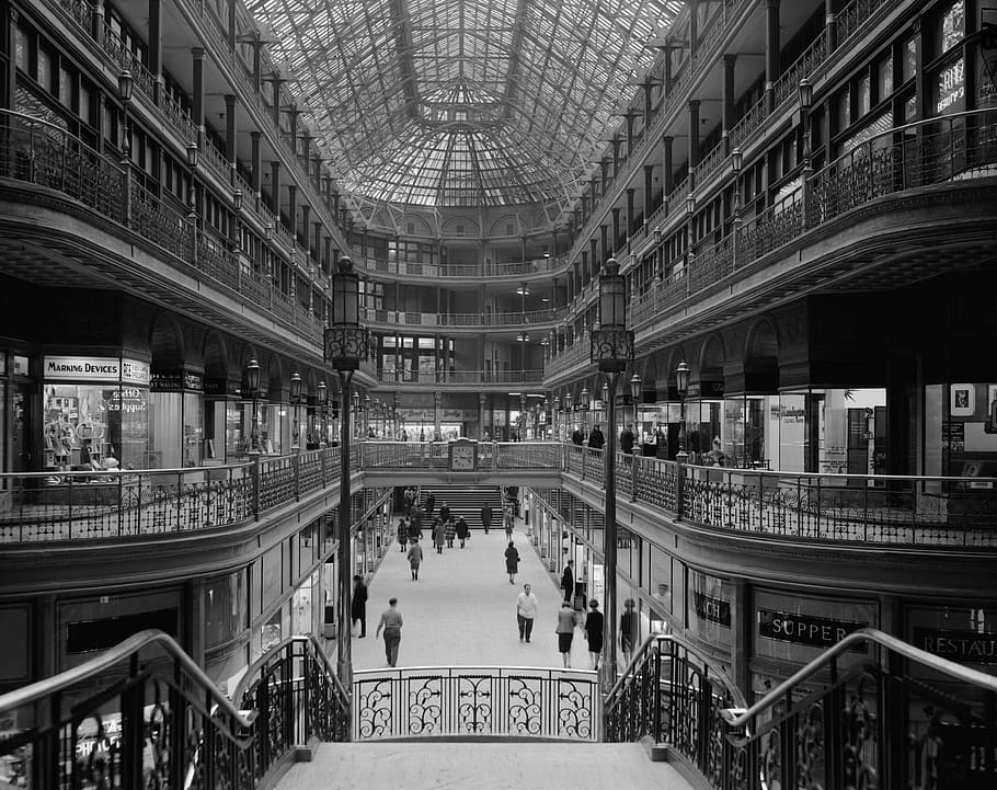 grayscale photo, people, walking, store facades, department store, shopping centre, arcades, shopping, cleveland, ohio