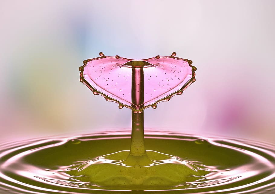 pink heart decor, drop of water, mirroring, mirrored, heart, valentine, drip, water, close, liquid