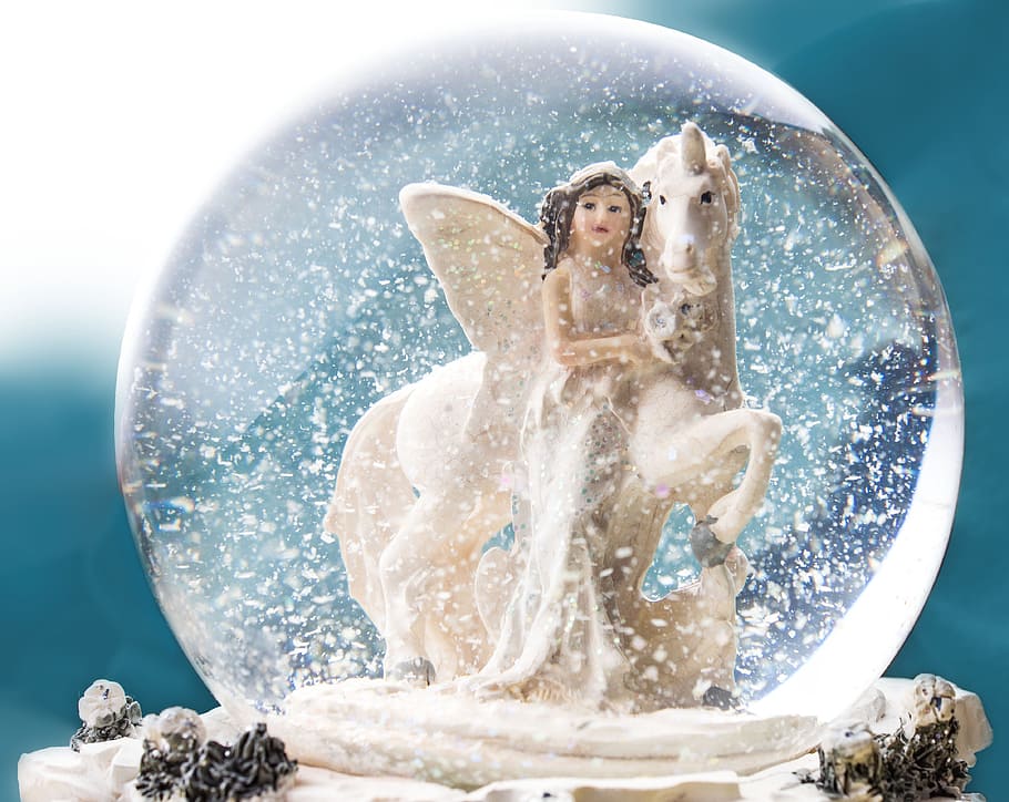 niña, blanco, globo de agua de unicornio, ángel, temático, globo de nieve, bola de nieve, duende, unicornio, bola
