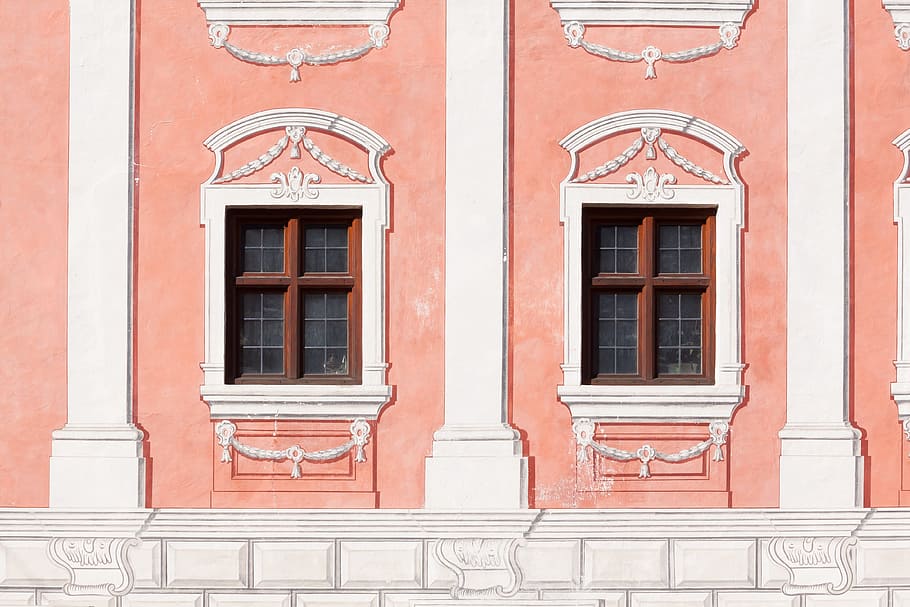 pink, white, concrete, building, facade, dusky pink, window, painting, decor, home