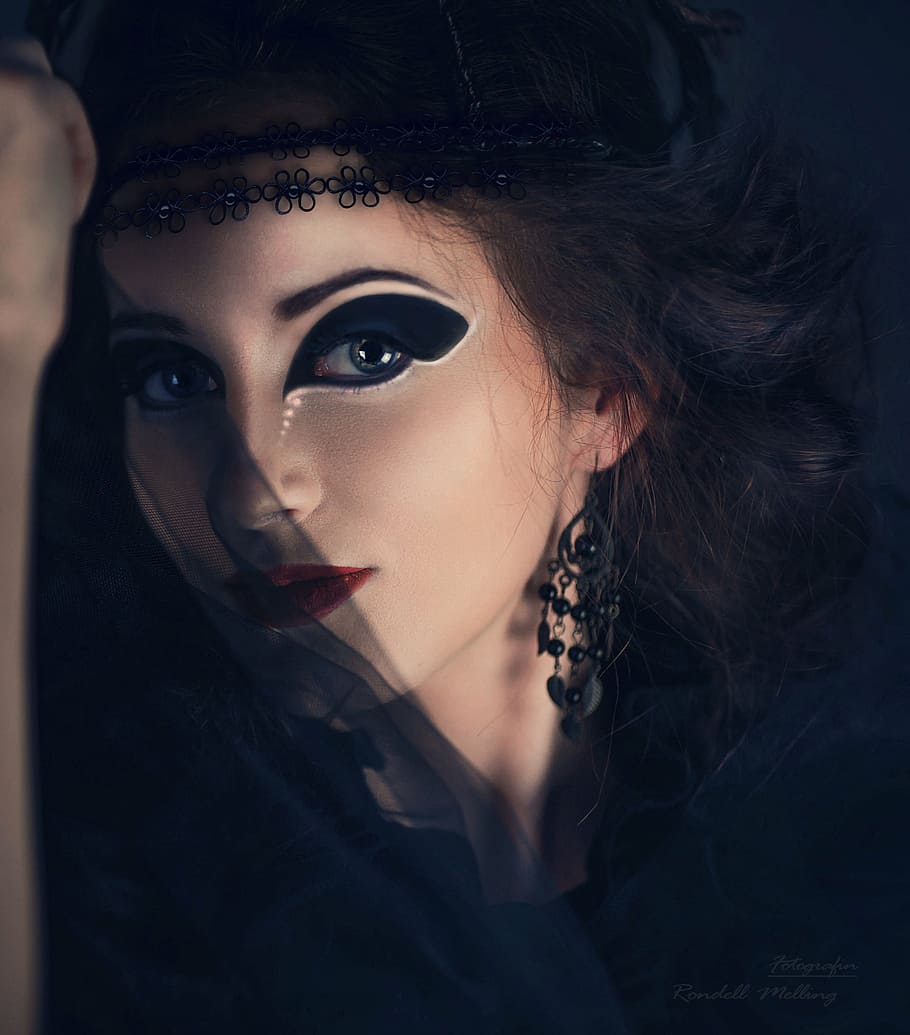 woman, wearing, black, top, makeu, girl, veil, halloween, vintage, eyes