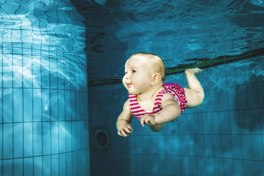 bayi, berenang, air, kolam, bawah air, orang, anak, anak-anak, keluarga, kolam renang