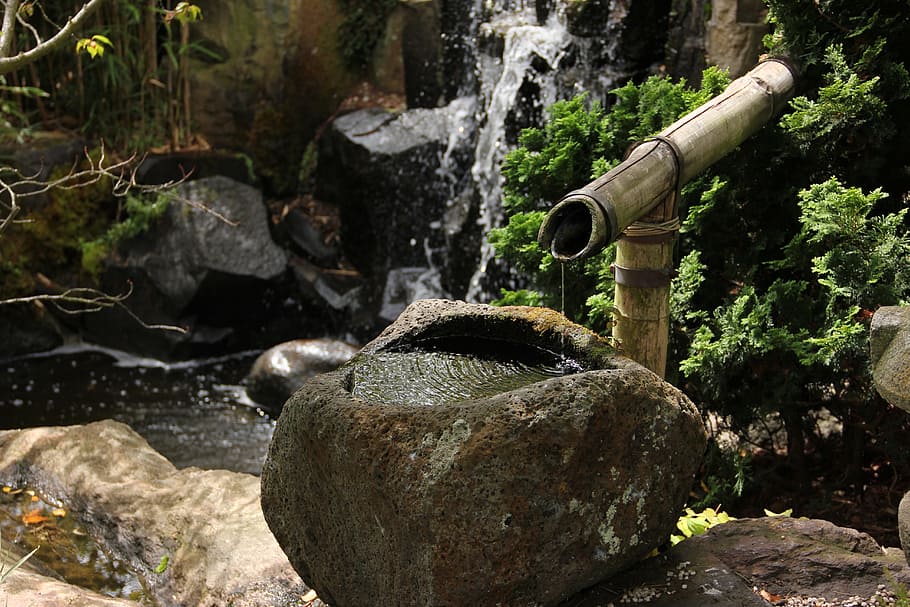 water, flowing, bamboo, rock, ground, japanese garden, water feature, timelessness, flow, silent