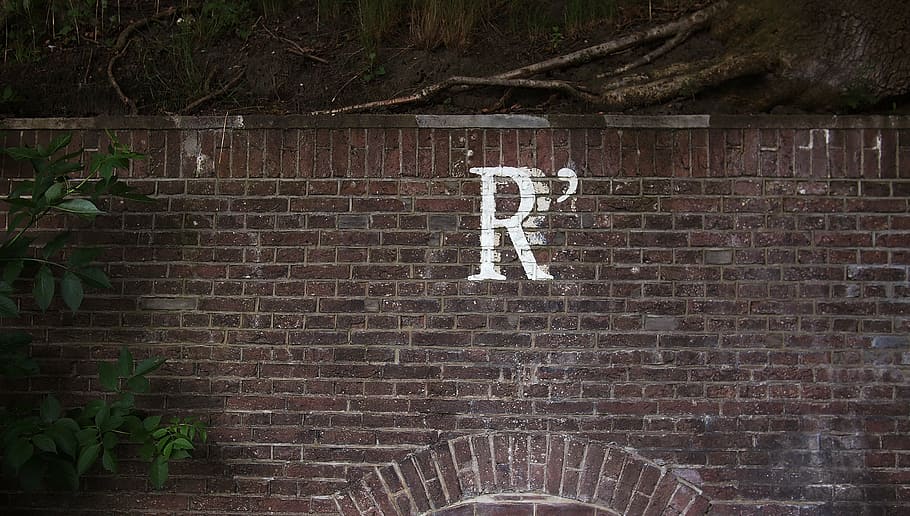 red, concrete, brick wall, painted, letter r, r, wall, brick, paint, graffiti