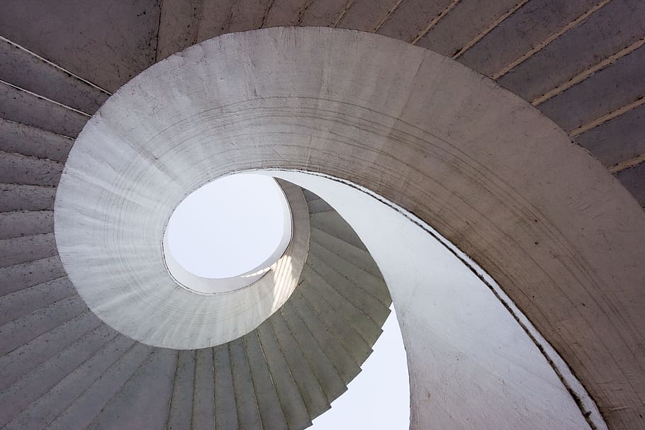 low-angle photography, spiral conrete stairs, Stairs, Architecture, Secret, Curve, secret, curve, round, detail of, mystery