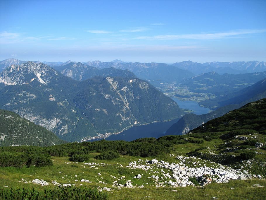 Montañas, Alpino, Panorama, paisaje de montaña, austria, altura, lago hallstätter, paisaje, krippenstein, lago