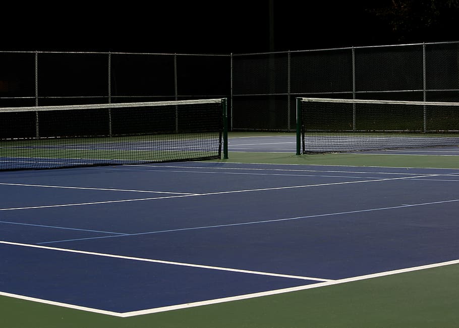 lapangan tenis abu-abu, Lapangan Tenis, Malam, Kosong, taman, olahraga, tenis, kompetisi, Olahraga kompetitif, di luar ruangan