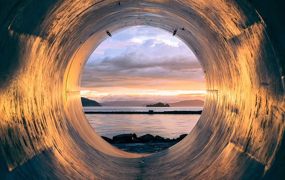 inside, hole photo, body, water, sunset, tube, pipe, view, ocean, sea