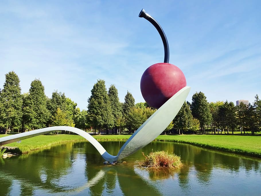 cherry, spoon statue, lake, cherry on a spoon, sculpture, minneapolis, minnesota, park, attraction, tourism
