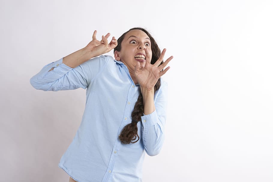 woman, standing, white, wall, scared, fear, person, stress, young, face