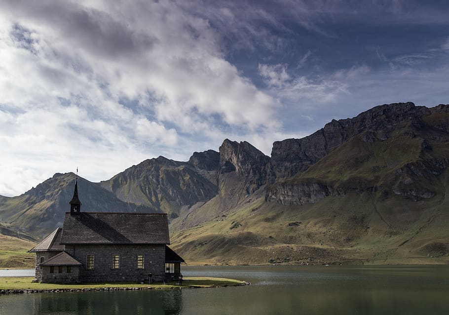 chapel, lake, nature, landscape, water, church, alpine, mountains, sky, autumn